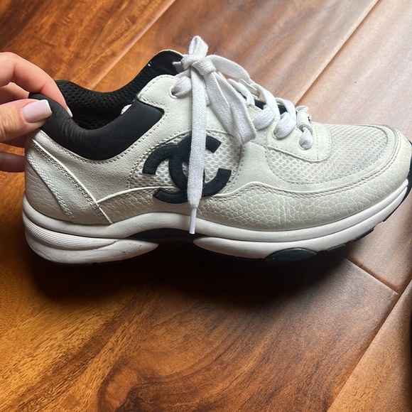 CHANEL Shoes - Authentic CHANEL White and Black Mesh Leather Sneakers